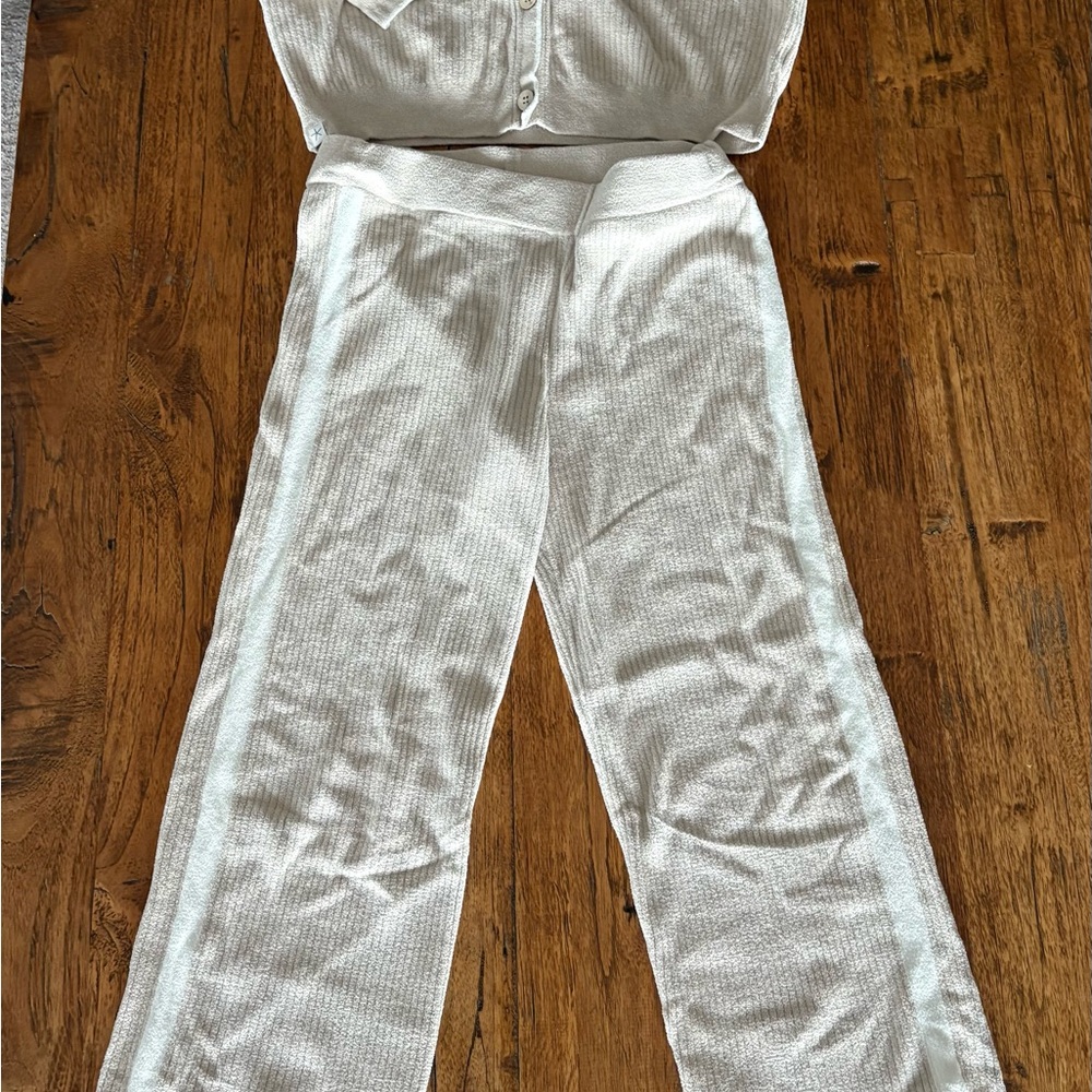 Beige and white womens Button-Up Pajama Set